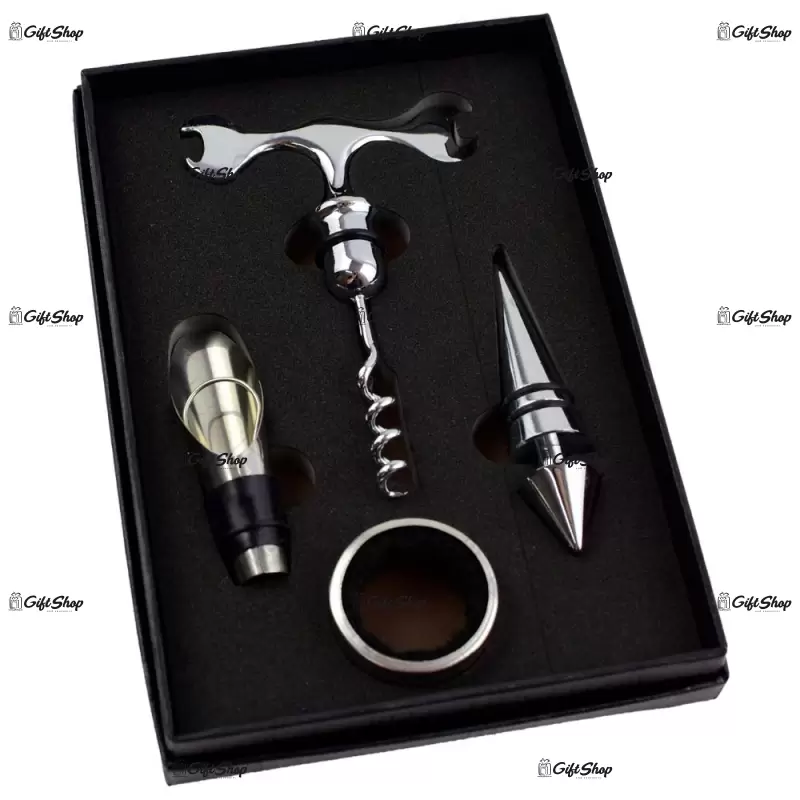 Set 4 accesorii pentru sticla de vin in cutie cu tirbuson in forma de cheie fixa