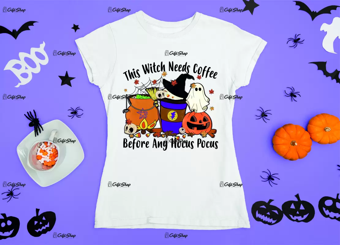 The witch needs coffee before any hocus pocus, tricou cu mesaj