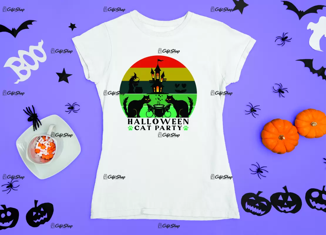 Halloween cat party, tricou cu mesaj