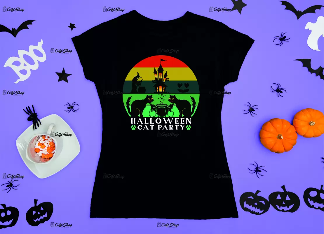 Halloween cat party, tricou cu mesaj