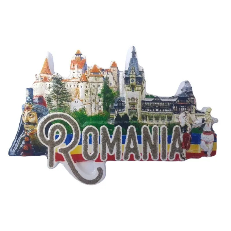 Castelele bran si peles, vlad tepes si dansatori in costume traditionale, magnet ceramica, model 125d