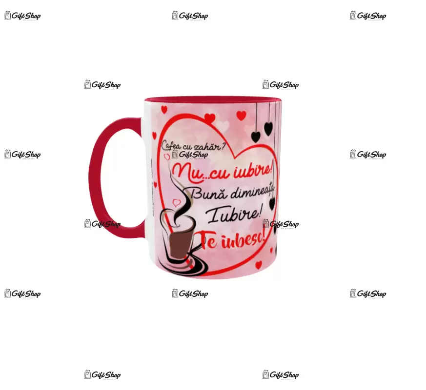 Cana rosie gift shop personalizata cu mesaj, te iubesc, model 4, din ceramica, 330ml