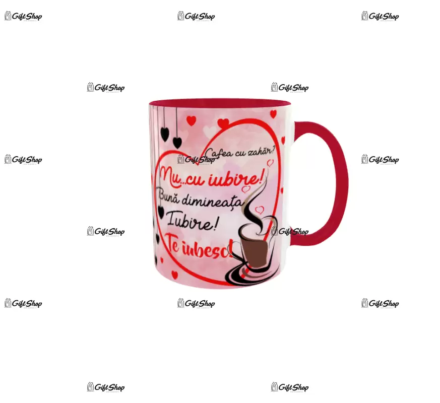 Cana rosie gift shop personalizata cu mesaj, te iubesc, model 4, din ceramica, 330ml