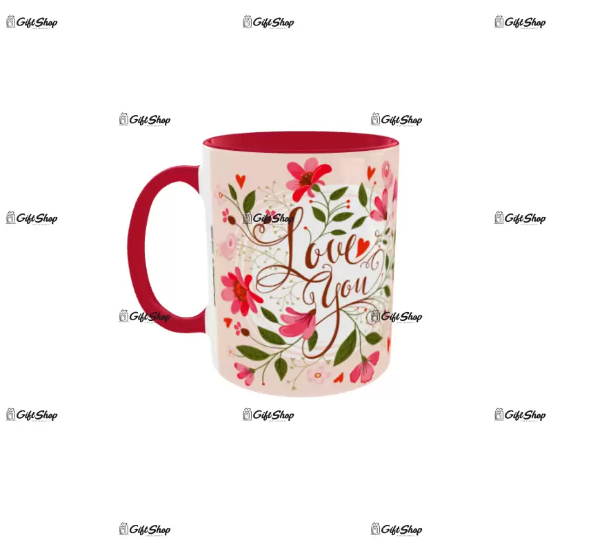 Cana rosie gift shop personalizata cu mesaj, love you, model 1, din ceramica, 330ml