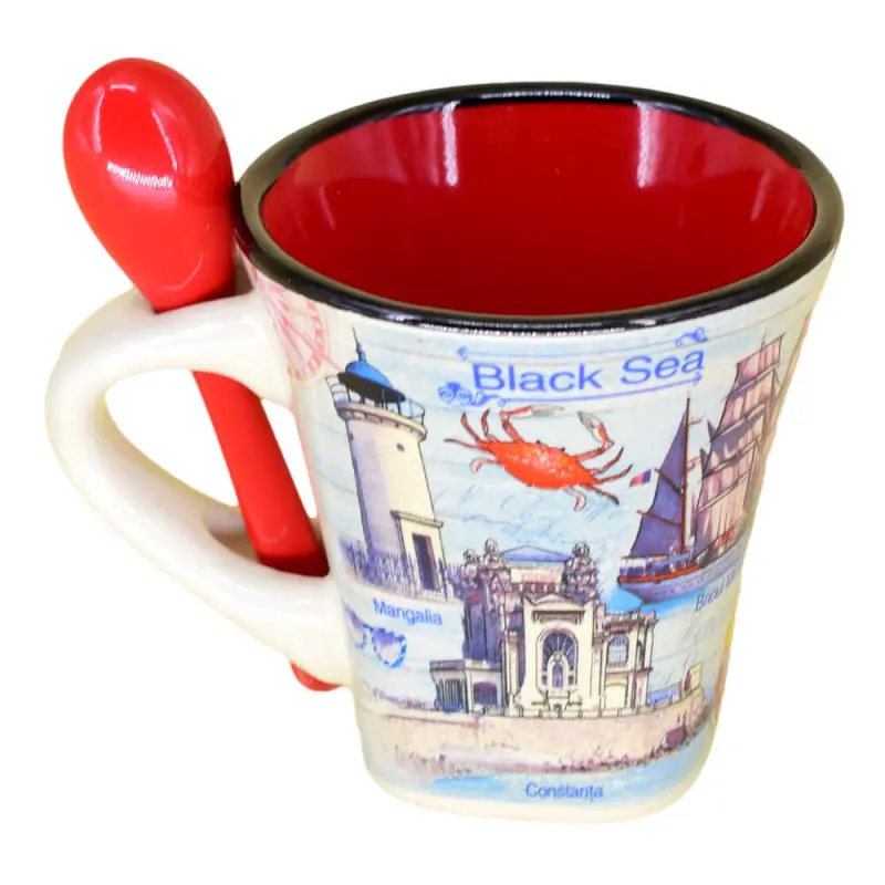 Cana din ceramica suvenir cu lingurita rosie, litoral romania, 90 ml, cu cutie decorativa
