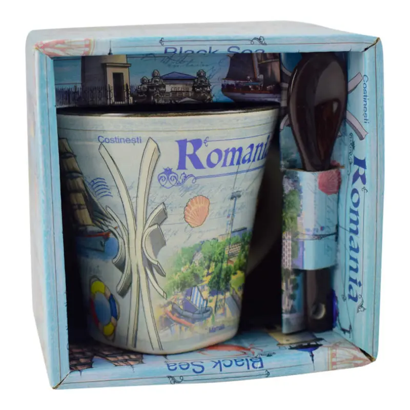 Cana din ceramica suvenir cu lingurita maro, litoral romania, 90 ml, cu cutie decorativa