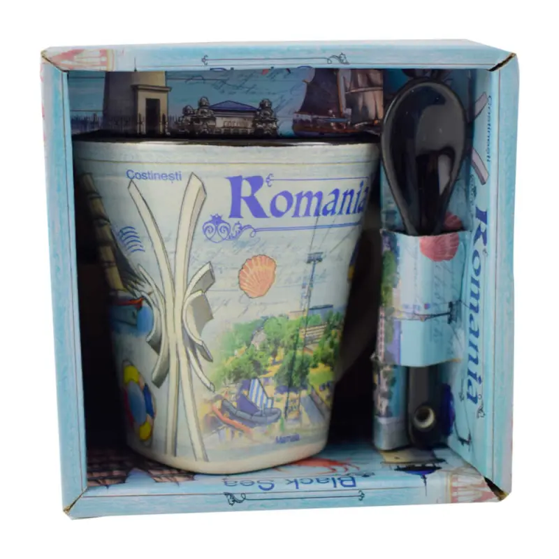 Cana din ceramica suvenir cu lingurita negru, litoral romania, 90 ml, cu cutie decorativa
