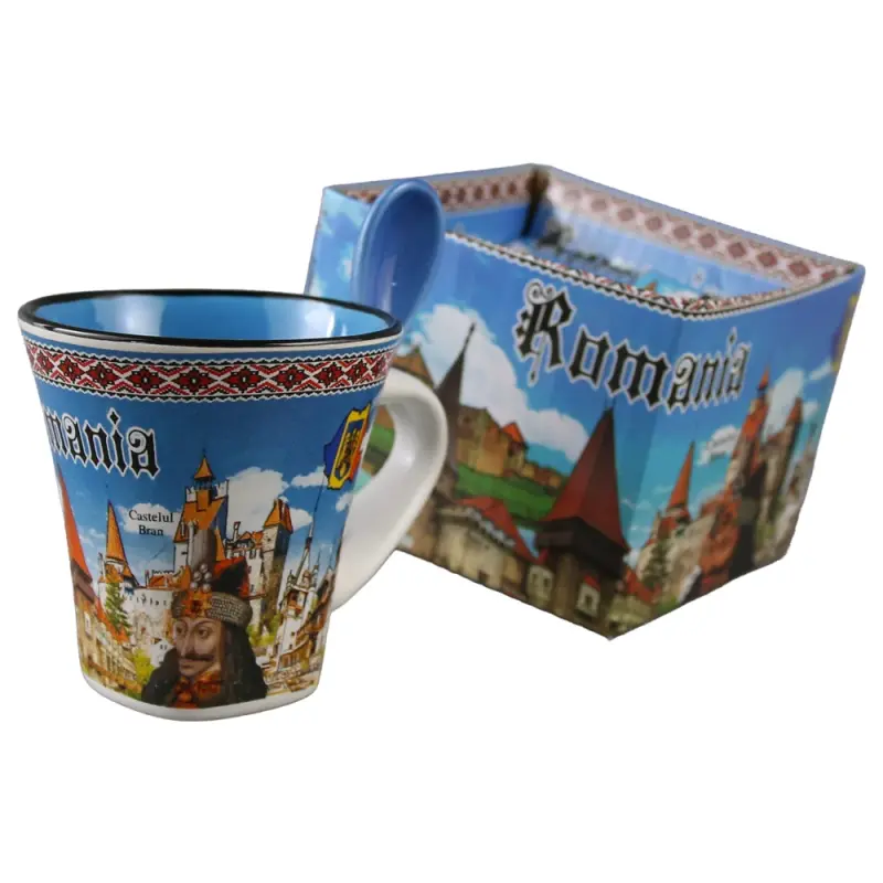 Cana din ceramica suvenir cu lingurita albastra, castele romania, vlad tepes, 90 ml, cu cutie decorativa