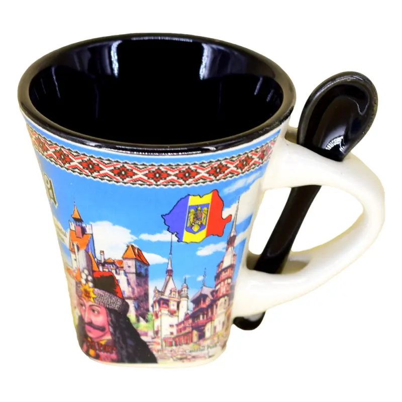 Cana din ceramica suvenir cu lingurita negru, castele romania, vlad tepes, 90 ml, cu cutie decorativa