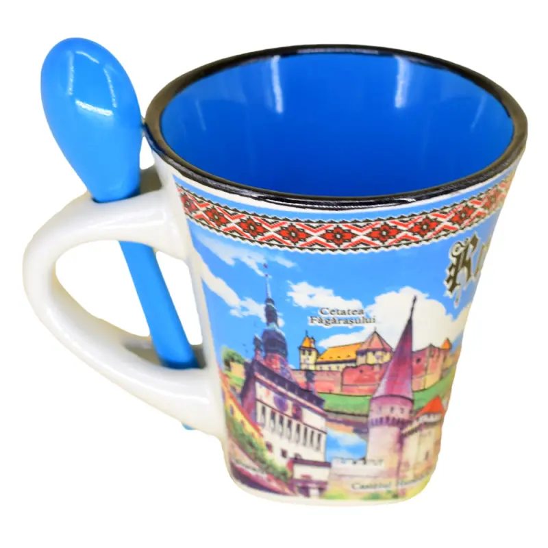 Cana din ceramica suvenir cu lingurita albastra, castele romania, vlad tepes, 90 ml, cu cutie decorativa