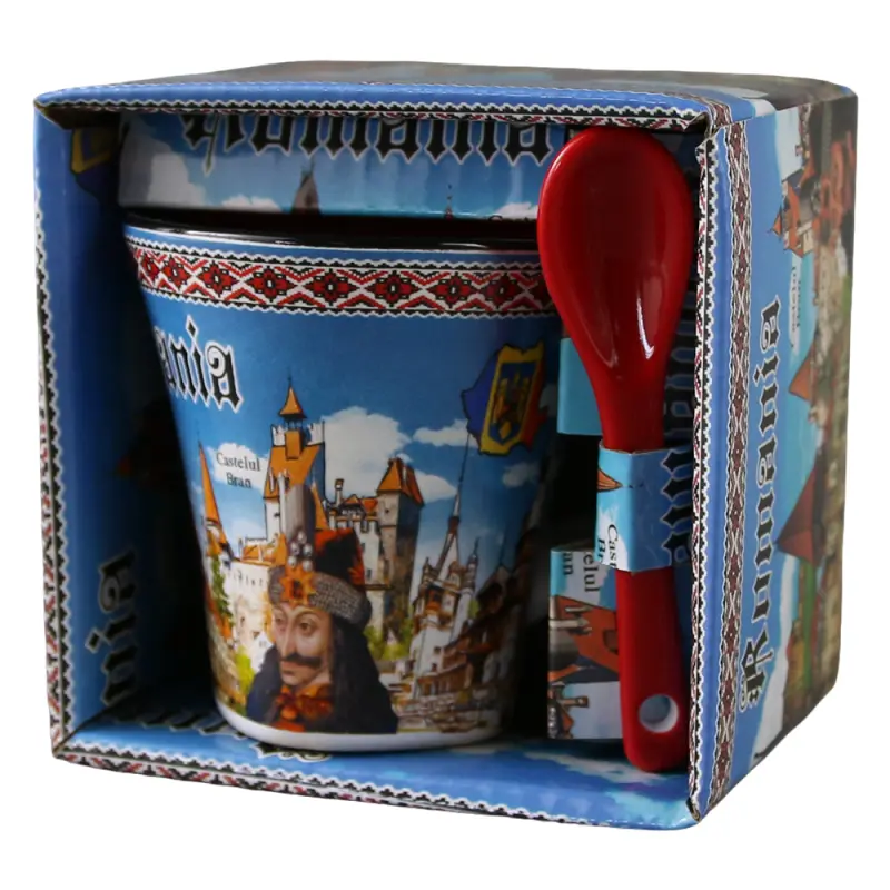 Cana din ceramica suvenir cu lingurita rosie, castele romania, vlad tepes, 90 ml, cu cutie decorativa