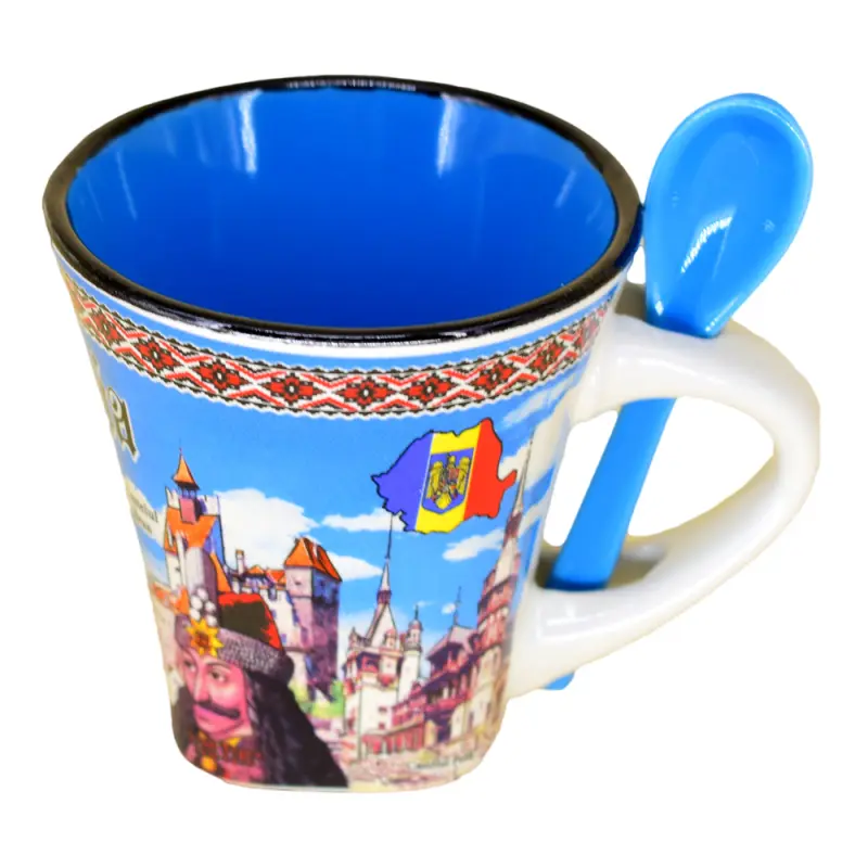 Cana din ceramica suvenir cu lingurita albastra, castele romania, vlad tepes, 90 ml, cu cutie decorativa