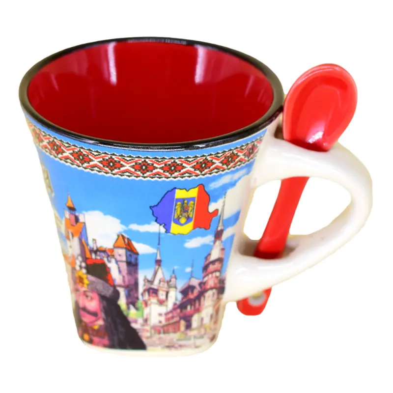 Cana din ceramica suvenir cu lingurita rosie, castele romania, vlad tepes, 90 ml, cu cutie decorativa