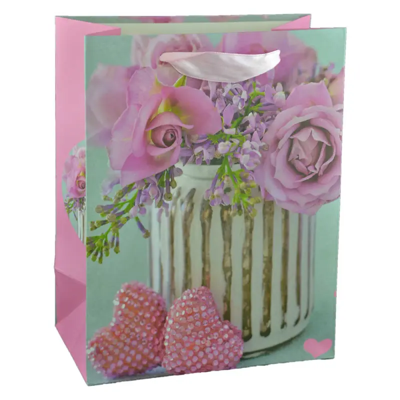 Punga pentru cadouri, 18x10x23 cm, design cu trandafiri si inimioare