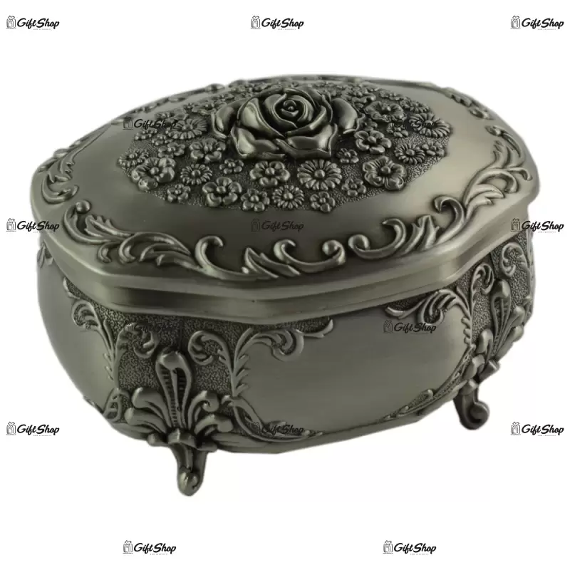 Cutie metalica pentru bijuterii in forma ovala – design antic cu flori.