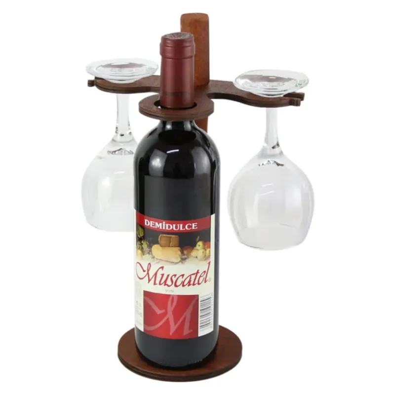 Suport lemn cu o sticla de vin si 2 pahare, 20x31 cm