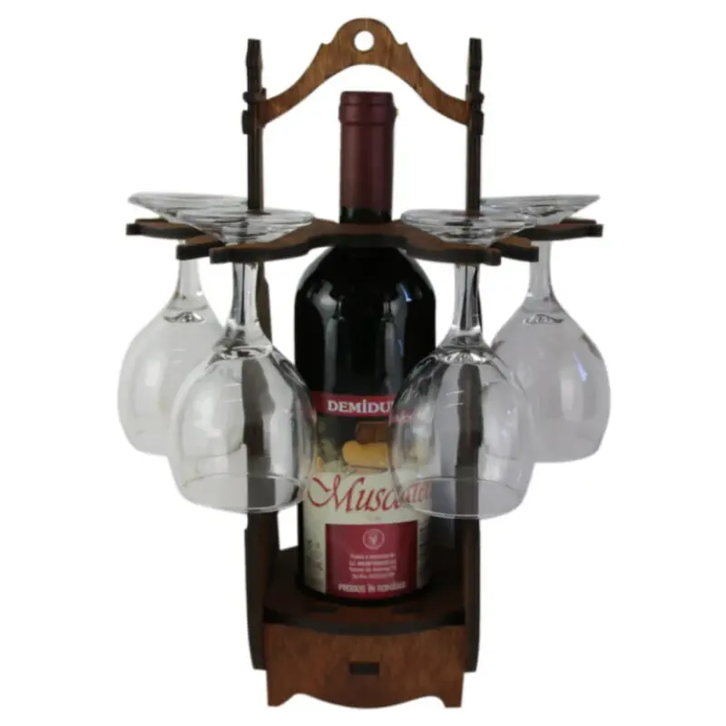 Suport lemn in forma de vioara cu o sticla de vin si 4 pahare 36 cm