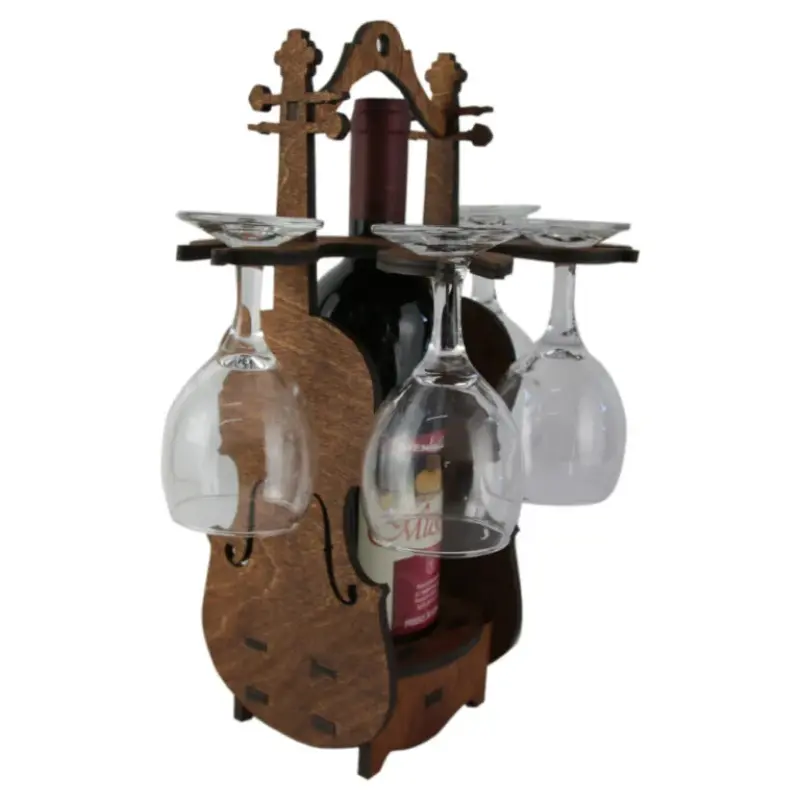 Suport lemn in forma de vioara cu o sticla de vin si 4 pahare 36 cm