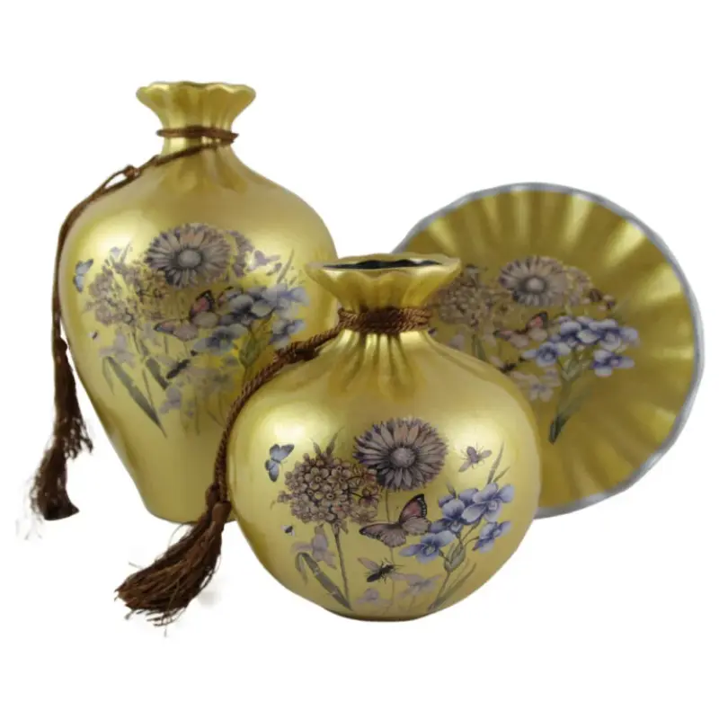 Set din ceramica, 2 vaze si o farfurie decorativa flori de camp