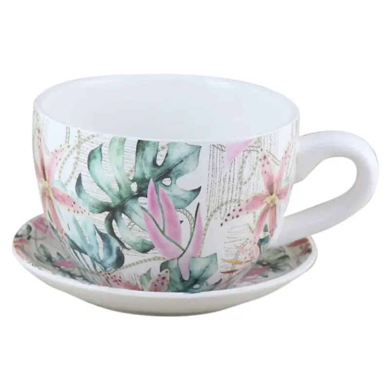 Ghiveci ceramic tip cana cu farfurie 19x15x10 cm, leaves