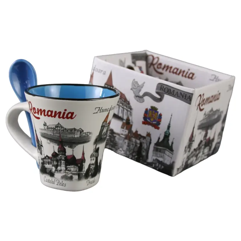 Cana din ceramica suvenir cu lingurita albastra, castele romania, 90 ml, cu cutie decorativa, model 382351