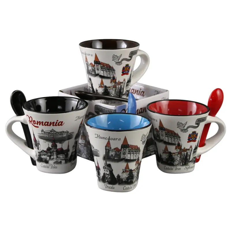 Cana din ceramica suvenir cu lingurita maro, castele romania, 90 ml, cu cutie decorativa, model 382351
