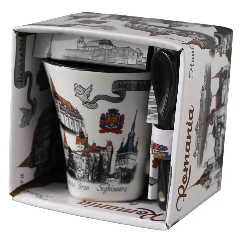 Cana din ceramica suvenir cu lingurita negru, castele romania, 90 ml, cu cutie decorativa, model 382351