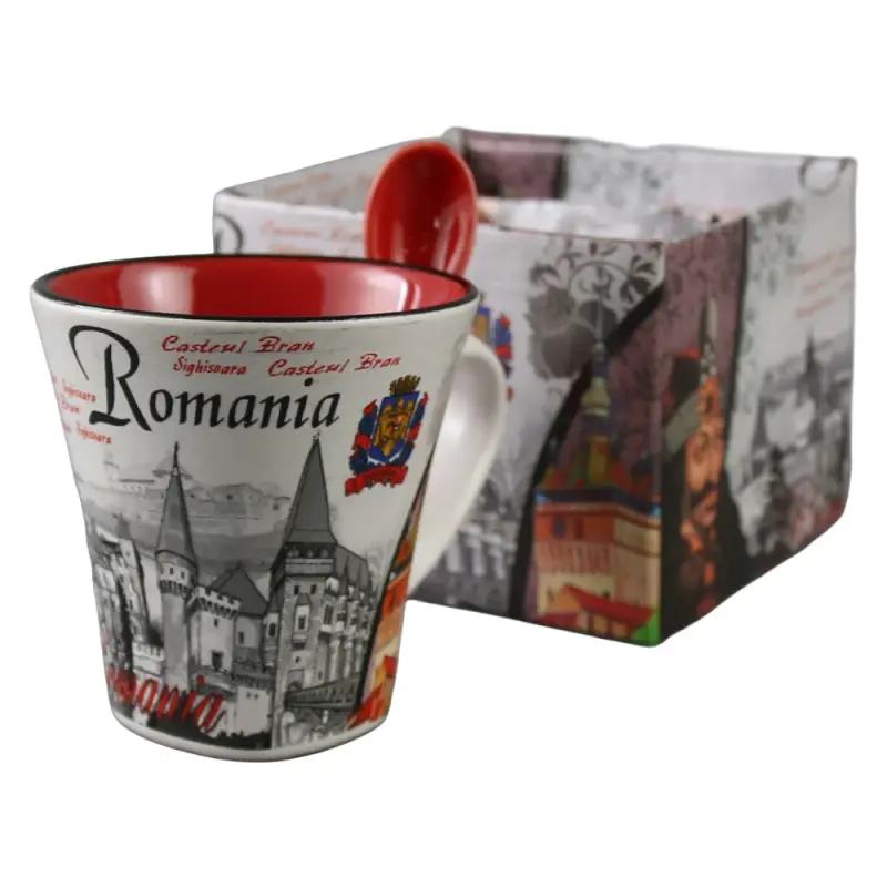 Cana din ceramica suvenir cu lingurita rosie, stema romania, 90 ml, cu cutie decorativa