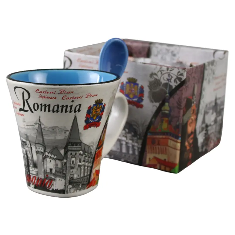 Cana din ceramica suvenir cu lingurita albastra, stema romania, 90 ml, cu cutie decorativa