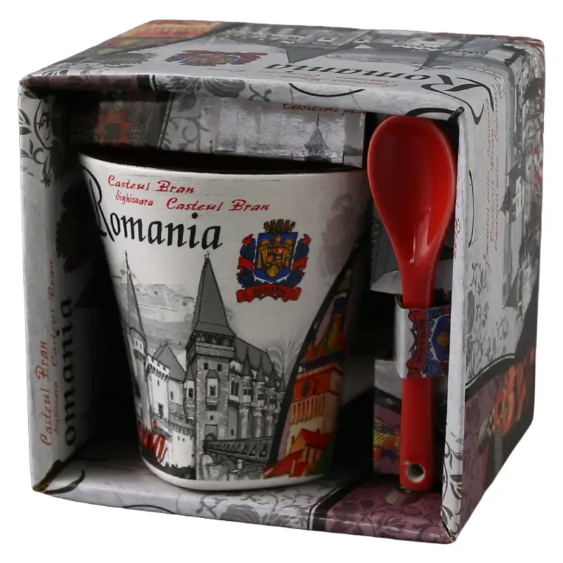 Cana din ceramica suvenir cu lingurita rosie, stema romania, 90 ml, cu cutie decorativa