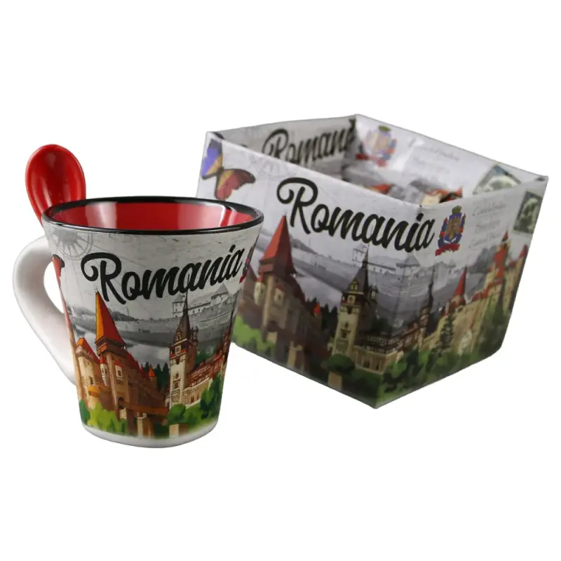 Cana din ceramica suvenir cu lingurita rosie, castele romania, 90 ml, cu cutie decorativa