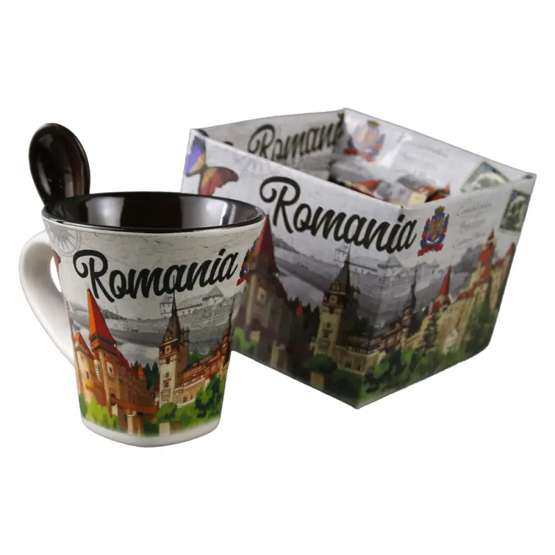 Cana din ceramica suvenir cu lingurita maro, castele romania, 90 ml, cu cutie decorativa