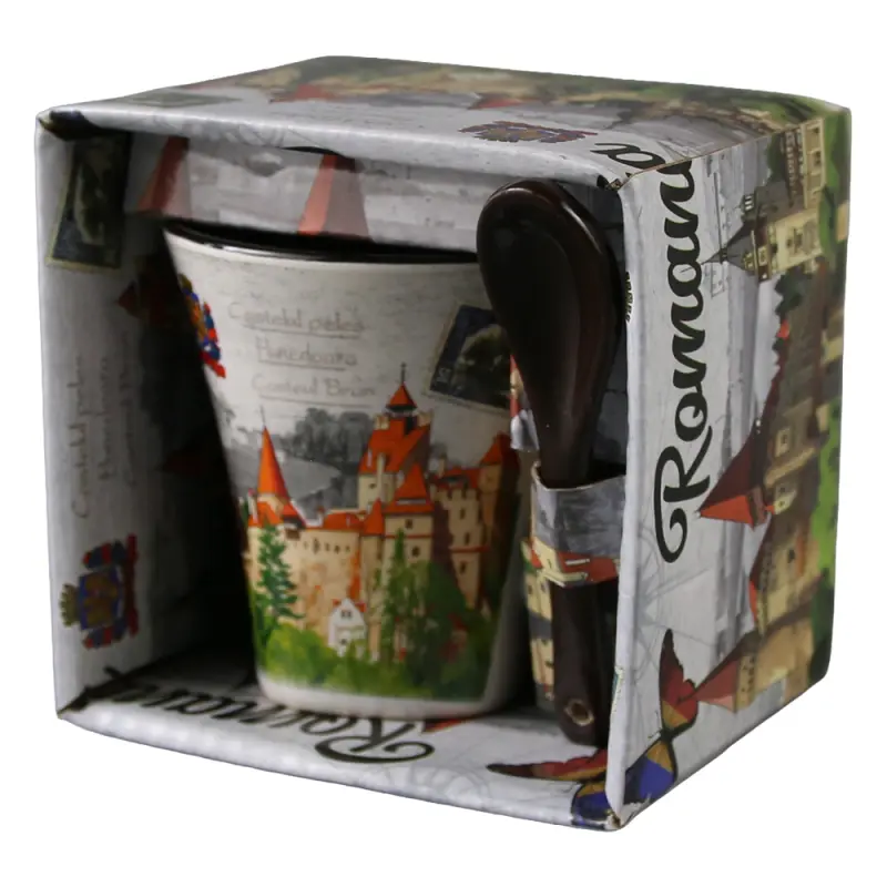 Cana din ceramica suvenir cu lingurita rosie, castele romania, 90 ml, cu cutie decorativa