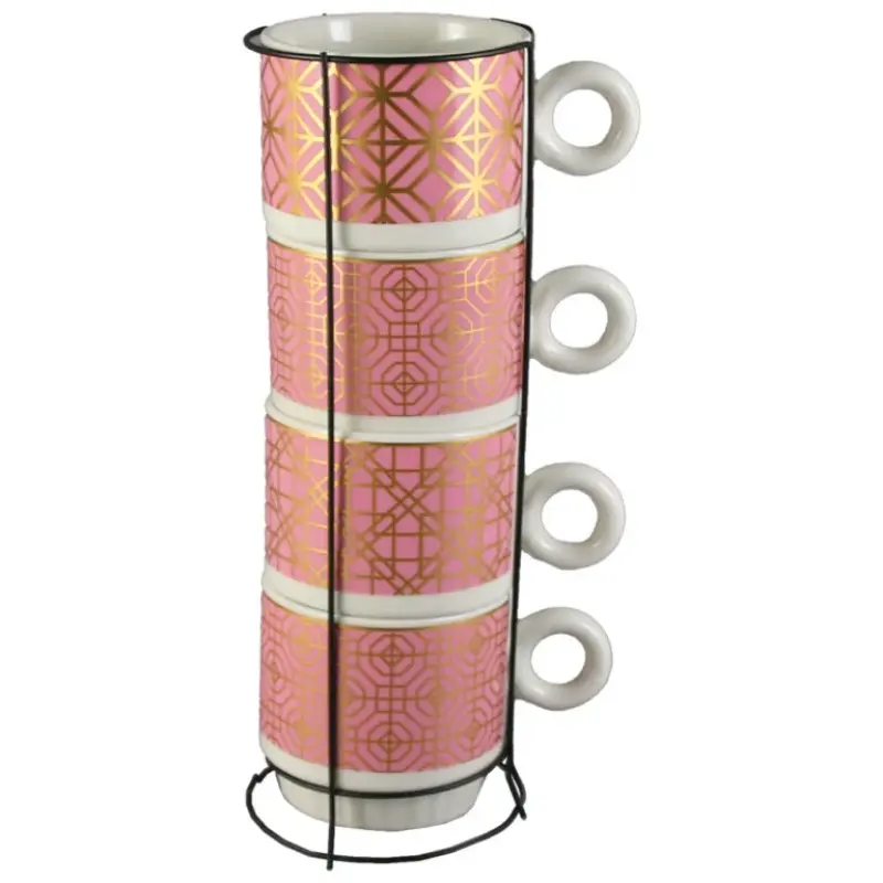 Set 4 cesti din ceramica cu suport metalic  220 ml  pink/auriu