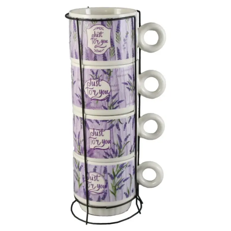 Set 4 cesti din ceramica cu suport metalic  just for you   220 ml  lavanda
