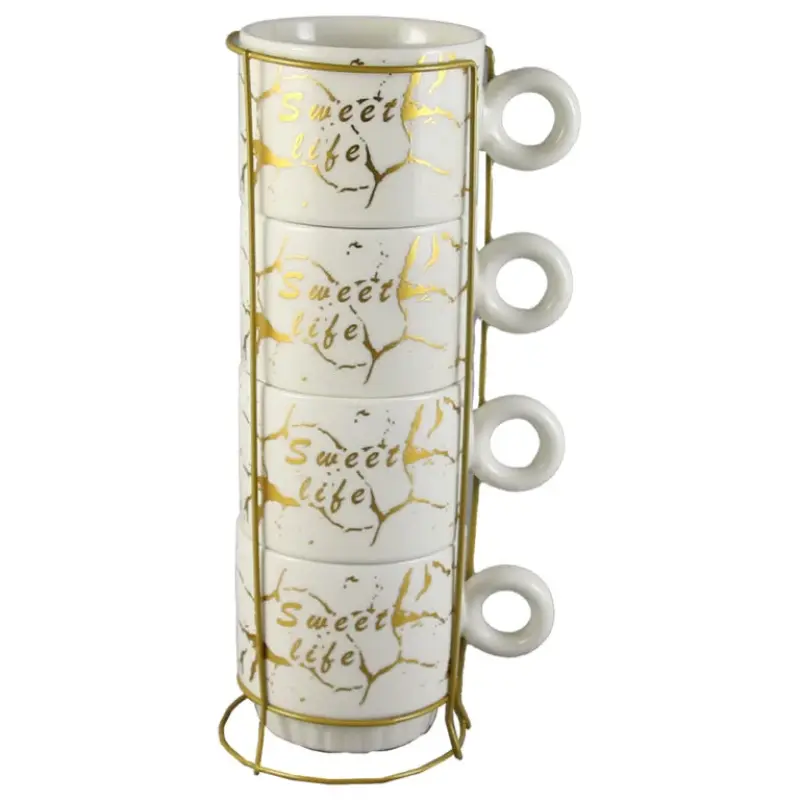 Set 4 cesti din ceramica cu suport metalic  sweet life   220 ml