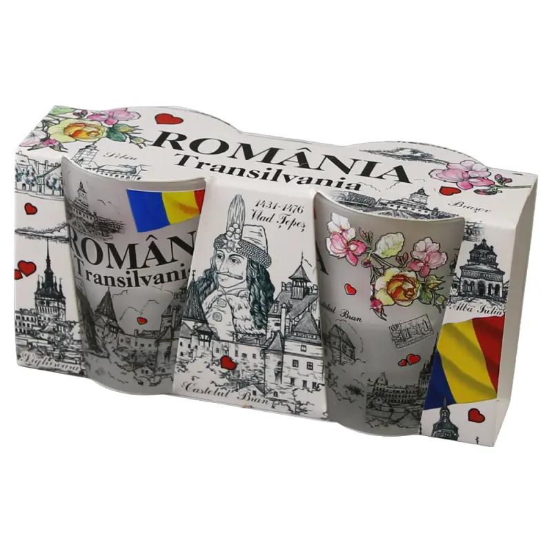 Set 2 pahare tarie din sticla romania transilvania castele