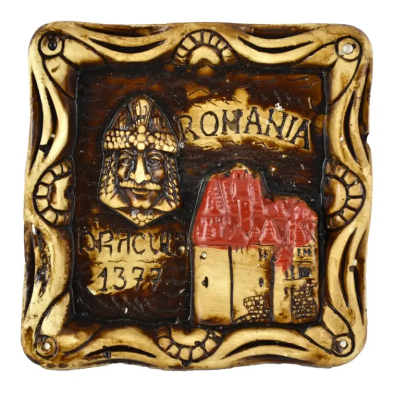 Scrumiera din ipsos reprezentand castelul bran si chipul lui vlad tepes