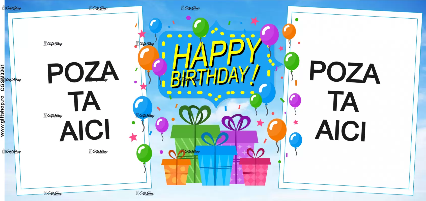 Happy birthday, cana personalizata cu 2 poze si text, 330ml, model 3261