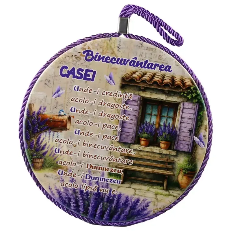 Decor de perete rotund din ceramica, binecuvantarea casei, 17 cm lavanda