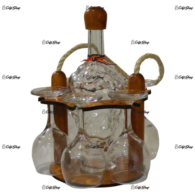 Suport lemn cu maner de franghie cu sticla si cu 6 pahare cu talpa