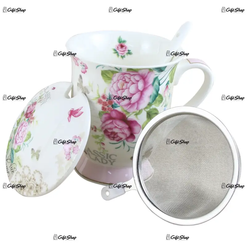 Cana ceramica cu infuzor metalic, capac si lingurita, flori colorate