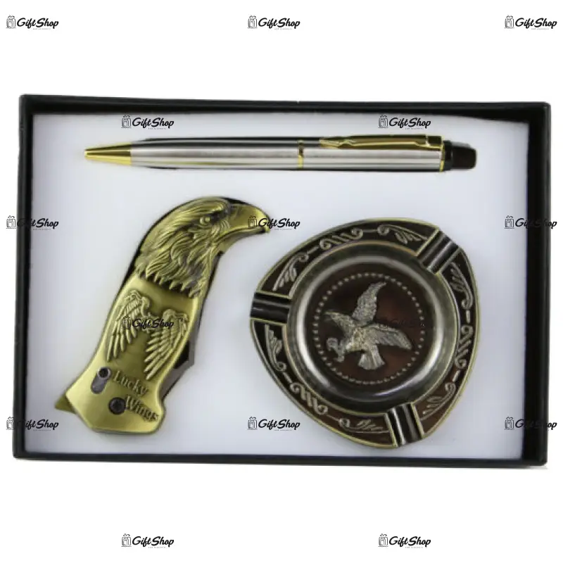 Set cadou 3 piese pentru barbati – scrumiera/briceag/pix, lucky wings