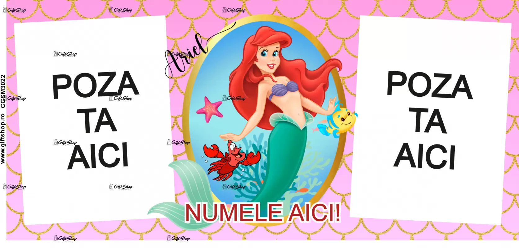 Cana personalizata gift shop cu 2 poze si text, Little mermaid, model 5, din ceramica, 330ml