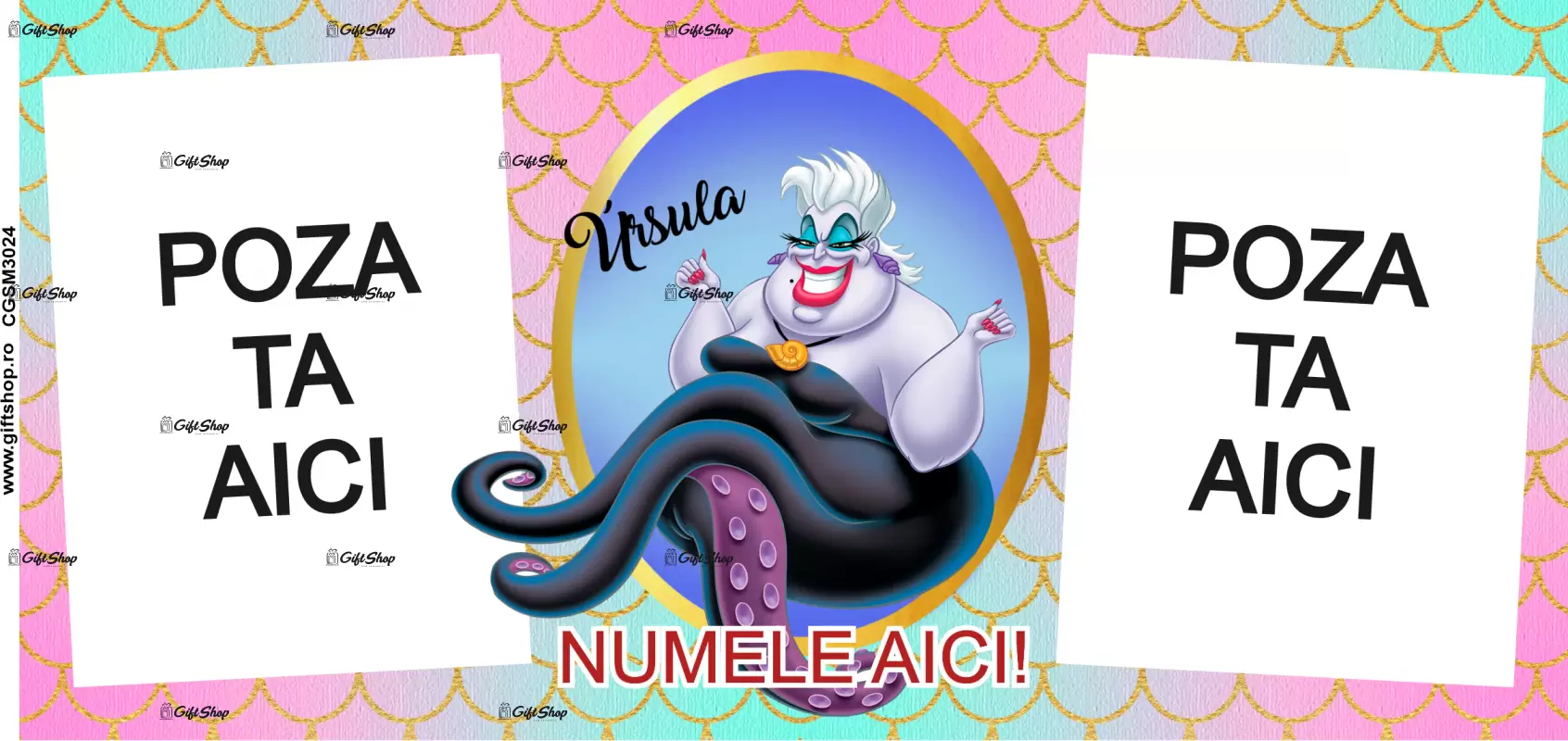 Ursula, model 2, cana din ceramica, 330ml, personalizata cu 2 poze si 1 text