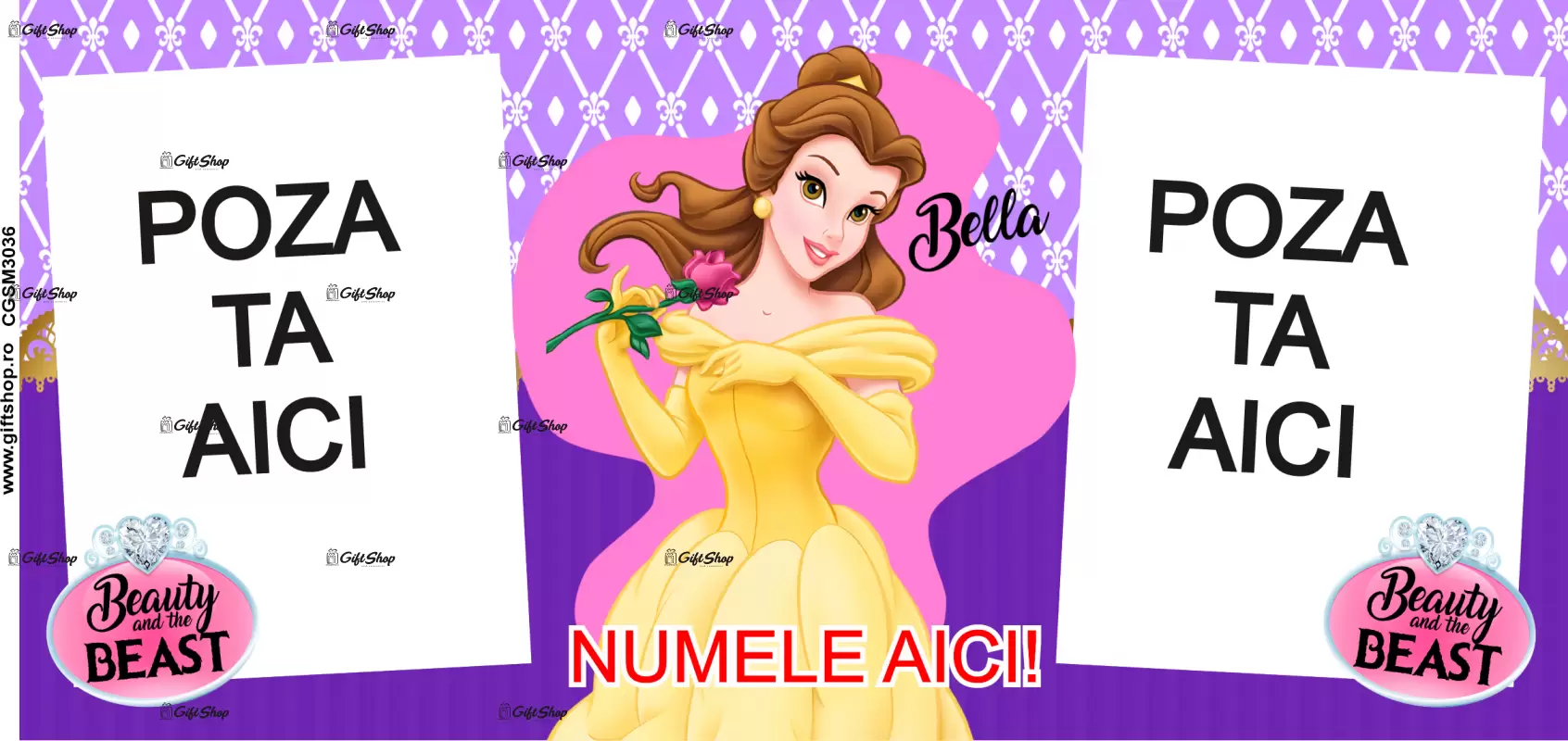 Beauty and the beast, model 8, cana din ceramica, 330ml, personalizata cu 2 poze si 1 text