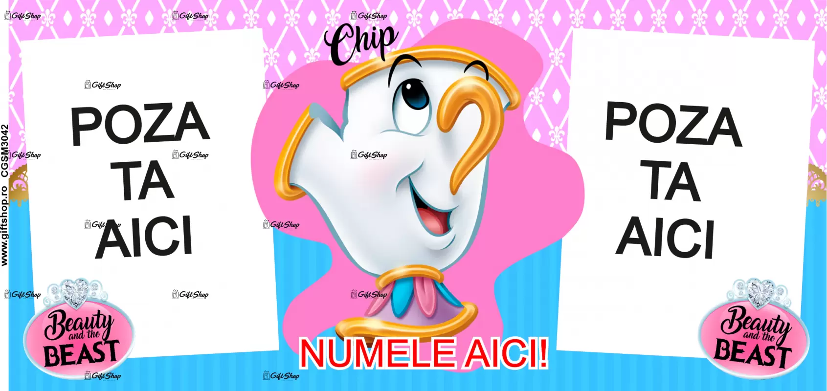 Beauty and the beast, model 14, cana din ceramica, 330ml, personalizata cu 2 poze si 1 text