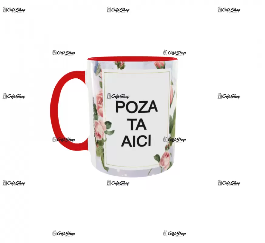 Trandafiri, model 1, cana din ceramica, 330ml, personalizata cu 2 poze si 1 text
