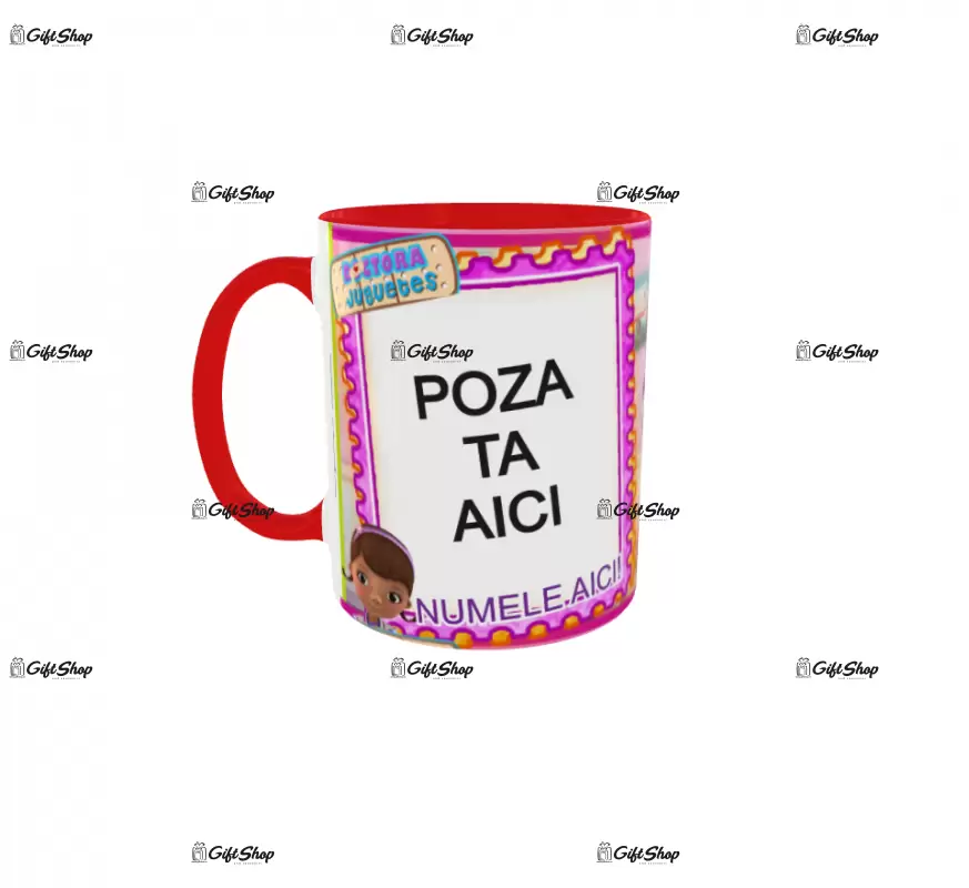 Doctorita plusica, model 1, cana din ceramica, 330ml, personalizata cu poza si text
