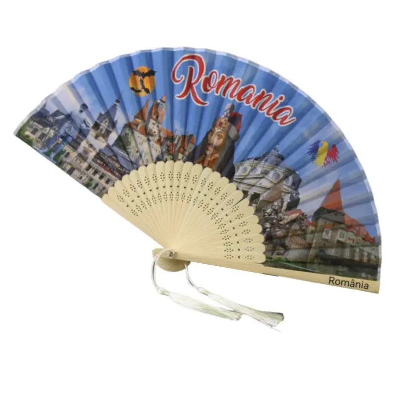Evantai suvenir romania cu franjuri din bambus si poliester 21 cm